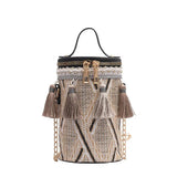 Straw Woven Bucket Bag Boho Tassel Chain Shoulder Messenger Clutch