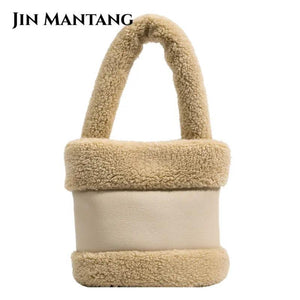 Small Faux Fur Top Handle Bucket Tote Bag for Women Winter