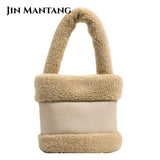 Small Faux Fur Top Handle Bucket Tote Bag for Women Winter