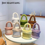Small Faux Fur Top Handle Bucket Tote Bag for Women Winter