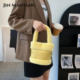 Small Faux Fur Top Handle Bucket Tote Bag for Women Winter