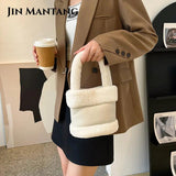 Small Faux Fur Top Handle Bucket Tote Bag for Women Winter