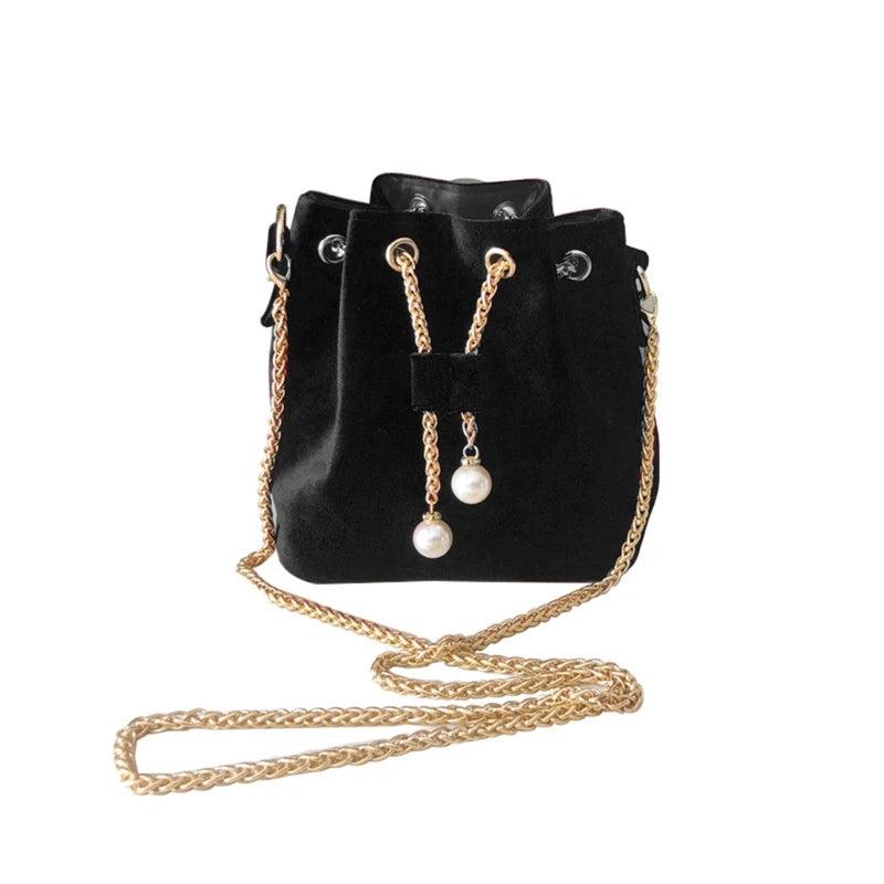 Velvet Shoulder Bag Metal Chain Crossbody Bags Large Capacity Bucket Pouch
