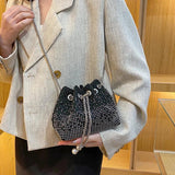 Canvas Drawstring Clutch Bag Metal Chain Crossbody Shoulder Bags for Women