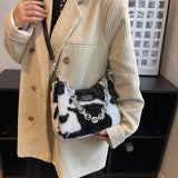 Fluffy Plush Bag Metal Chain Shoulder Handbag Animal Prints Purse