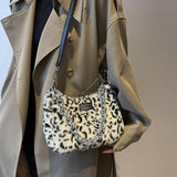 Fluffy Plush Bag Metal Chain Shoulder Handbag Animal Prints Purse