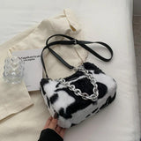 Fluffy Plush Bag Metal Chain Shoulder Handbag Animal Prints Purse