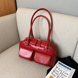 Retro Double Pocket PU Leather Shoulder Bag