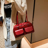 Retro Double Pocket PU Leather Shoulder Bag