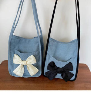 Vintage Bowknot Shoulder Bags for Women Soft Canvas Totes Handbags