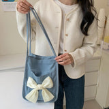 Vintage Bowknot Shoulder Bags for Women Soft Canvas Totes Handbags
