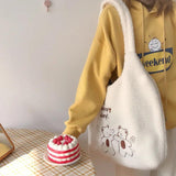 Women Plush Bear Embroidered Shoulder Tote Bag Canvas Fluffy Handbags