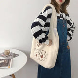 Women Plush Bear Embroidered Shoulder Tote Bag Canvas Fluffy Handbags