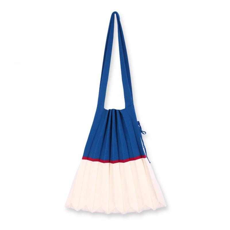 Women Casual Pleat Foldable Shoulder Bag Knitting Stitching Handbag