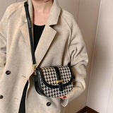 Vintage Houndstooth Shoulder Bag Women PU Leather Handbag Crossbody Saddle Cover