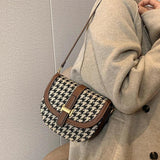 Vintage Houndstooth Shoulder Bag Women PU Leather Handbag Crossbody Saddle Cover
