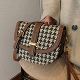 Vintage Houndstooth Shoulder Bag Women PU Leather Handbag Crossbody Saddle Cover