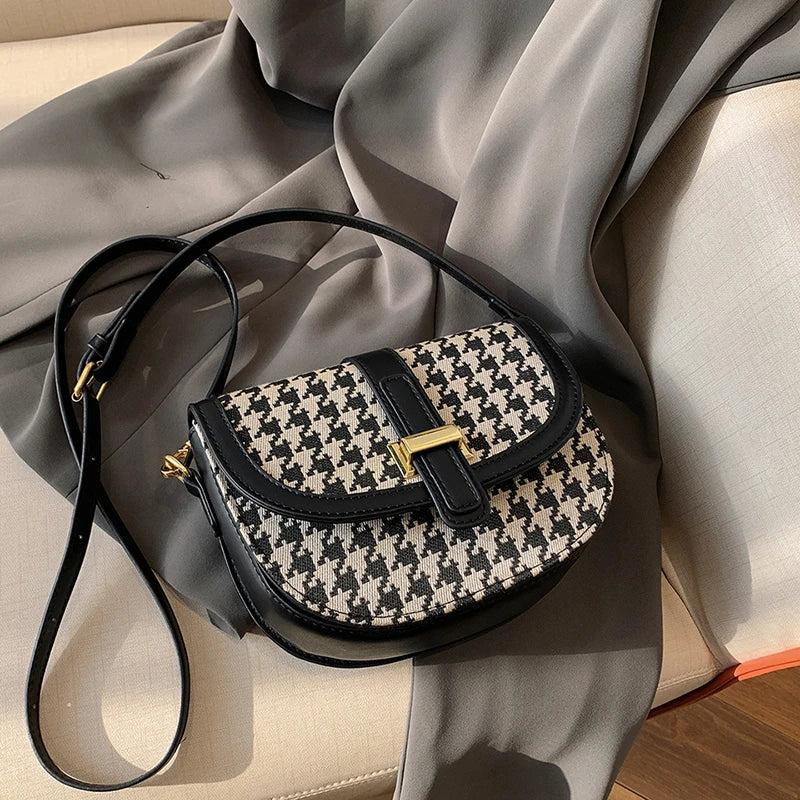 Vintage Houndstooth Shoulder Bag Women PU Leather Handbag Crossbody Saddle Cover