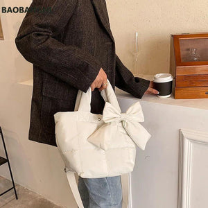 Winter Bow Small Tote Oxford Cloth Shoulder Bag