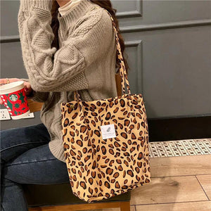 Corduroy Leopard Print Shoulder Bag Large Capacity Totes