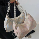 Vintage Canvas Shoulder Bag Metal Chain Women Small Handbag