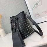 2Pcs Women's Crossbody Bag Pu Leather Skull Rivets Bucket Shoulder Handbags
