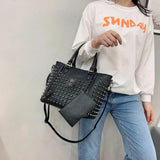 2Pcs Women's Crossbody Bag Pu Leather Skull Rivets Bucket Shoulder Handbags