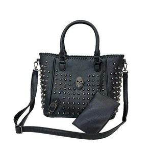 2Pcs Women's Crossbody Bag Pu Leather Skull Rivets Bucket Shoulder Handbags