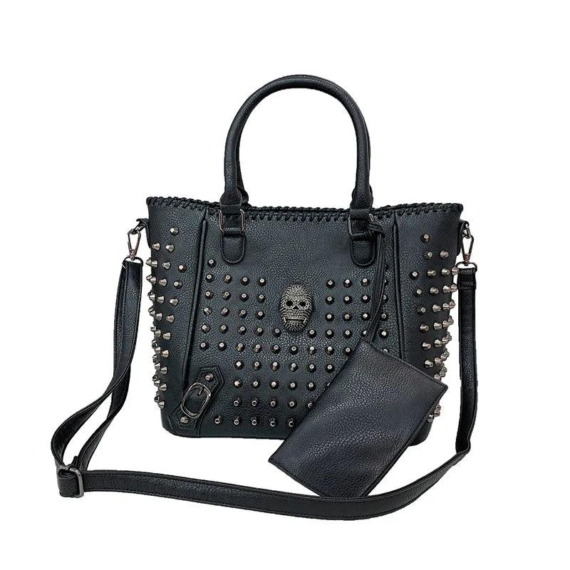 2Pcs Women's Crossbody Bag Pu Leather Skull Rivets Bucket Shoulder Handbags