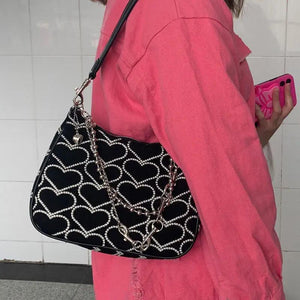 Girls Chains Shoulder Bag Heart Embroidered Handbag Armpit Bag and Purse