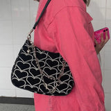 Girls Chains Shoulder Bag Heart Embroidered Handbag Armpit Bag and Purse