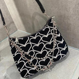 Girls Chains Shoulder Bag Heart Embroidered Handbag Armpit Bag and Purse