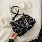 Girls Chains Shoulder Bag Heart Embroidered Handbag Armpit Bag and Purse