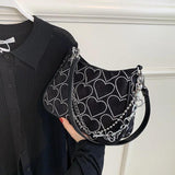 Girls Chains Shoulder Bag Heart Embroidered Handbag Armpit Bag and Purse