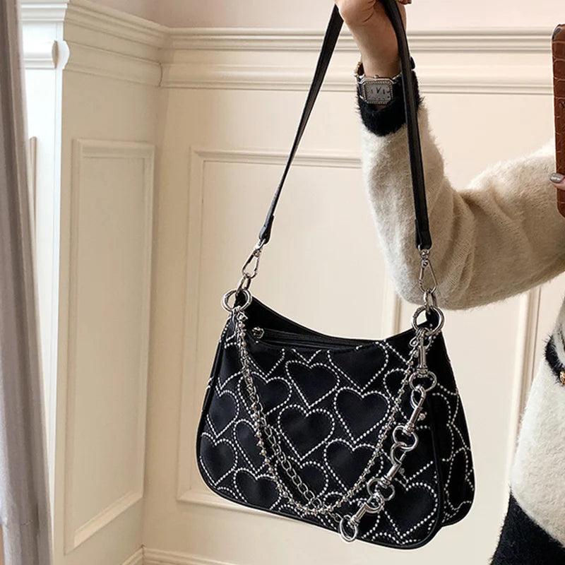 Girls Chains Shoulder Bag Heart Embroidered Handbag Armpit Bag and Purse