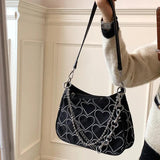 Girls Chains Shoulder Bag Heart Embroidered Handbag Armpit Bag and Purse