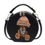 Vintage Leather Shoulder Bag Woman Bear Small Round Crossbody Bags