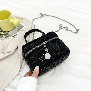 Women Small Shoulder Bag Zipper Crossbody Handbag Diamond Studded Mini Bag