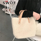 Korean Style Women Handbag Large Capacity Winter Soft Wool Plush Tote Shopping B