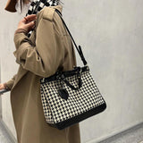 Houndstooth Wool Shoulder Bag Leopard Brown Tote
