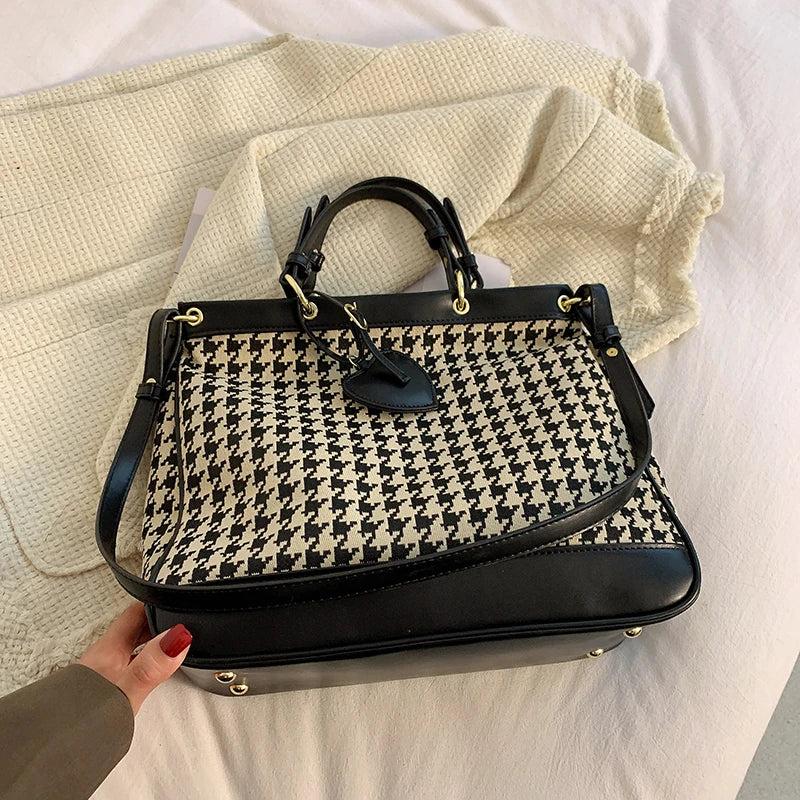 Houndstooth Wool Shoulder Bag Leopard Brown Tote
