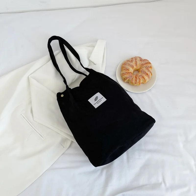 Corduroy Shoulder Bag Reusable Shopping Tote Soft Handbag