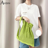 Women's Knitted Shoulder Bag Drawstring Shopping Bucket Handbag