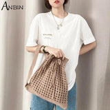 Women's Knitted Shoulder Bag Drawstring Shopping Bucket Handbag
