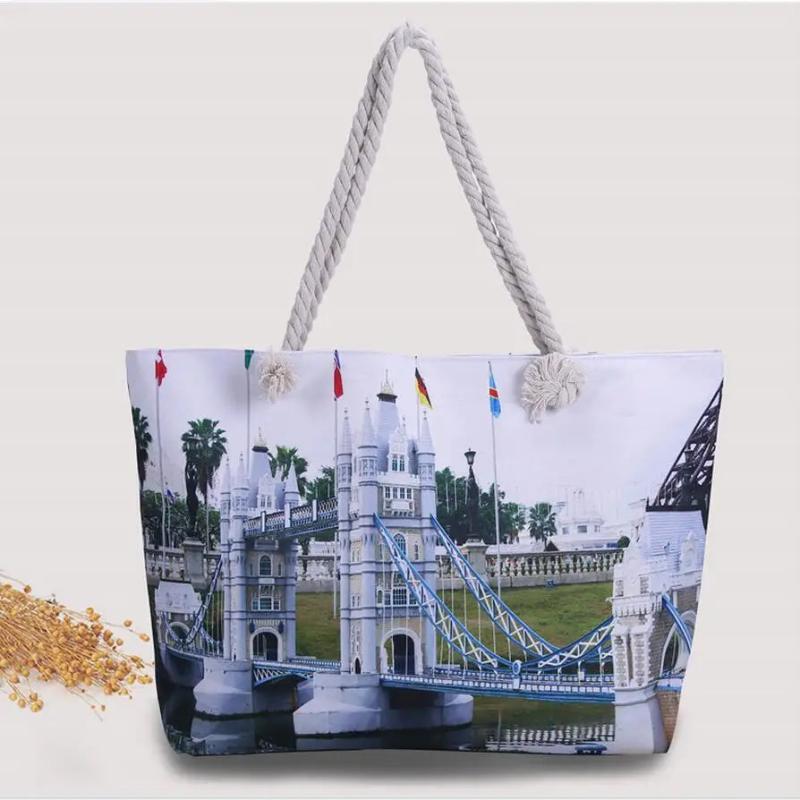 Women Printed Landscape Canvas Handbags Large Size Beach Bags Travel Bags