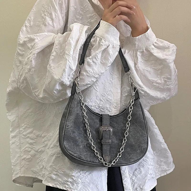 Retro Women Underarm Bags Half Moon Shoulder Bag Chain Ladies Purse