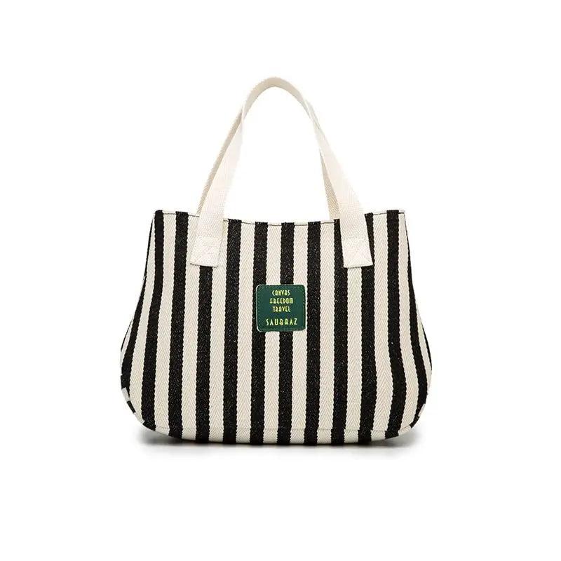 Striped Casual Tote Women's Handbag Shoulder Handbags Canvas Leather Bags