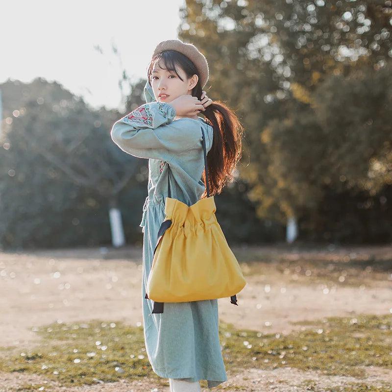 Women Oxford Cloth Drawstring Shoulder Bucket Bag Beach Bag