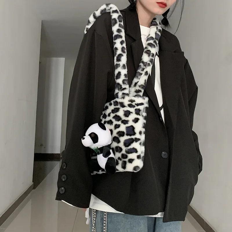 Leopard Pattern Dot Handbag Warm Furry Bag Plush Shoulder Bags For Women