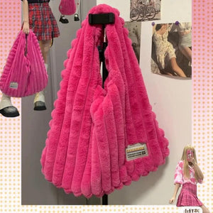 Large Capacity Girls Furry Tote Purse Soft Plush Women Messenger Bag